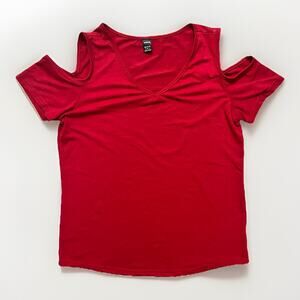 Ranlege Women’s Size Medium Red Cold Shoulder Short Sleeve V-Neck Stretchy Top